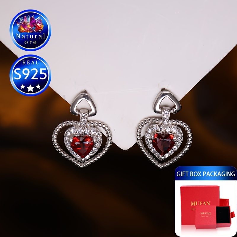 Heart-Shaped Red Garnet Silver Earrings
